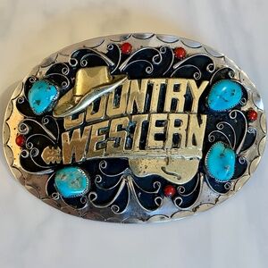 Giant Country Western Silver & Turquoise Belt Buckle 6" x 4"